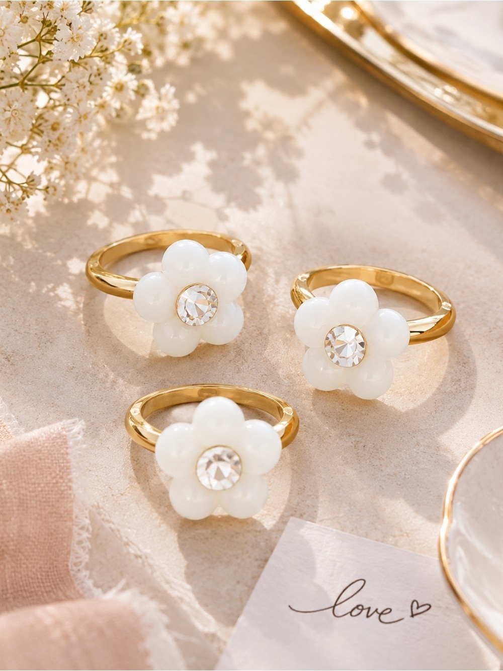 2 Crystal & White Resin Flower Rings Gold Tone